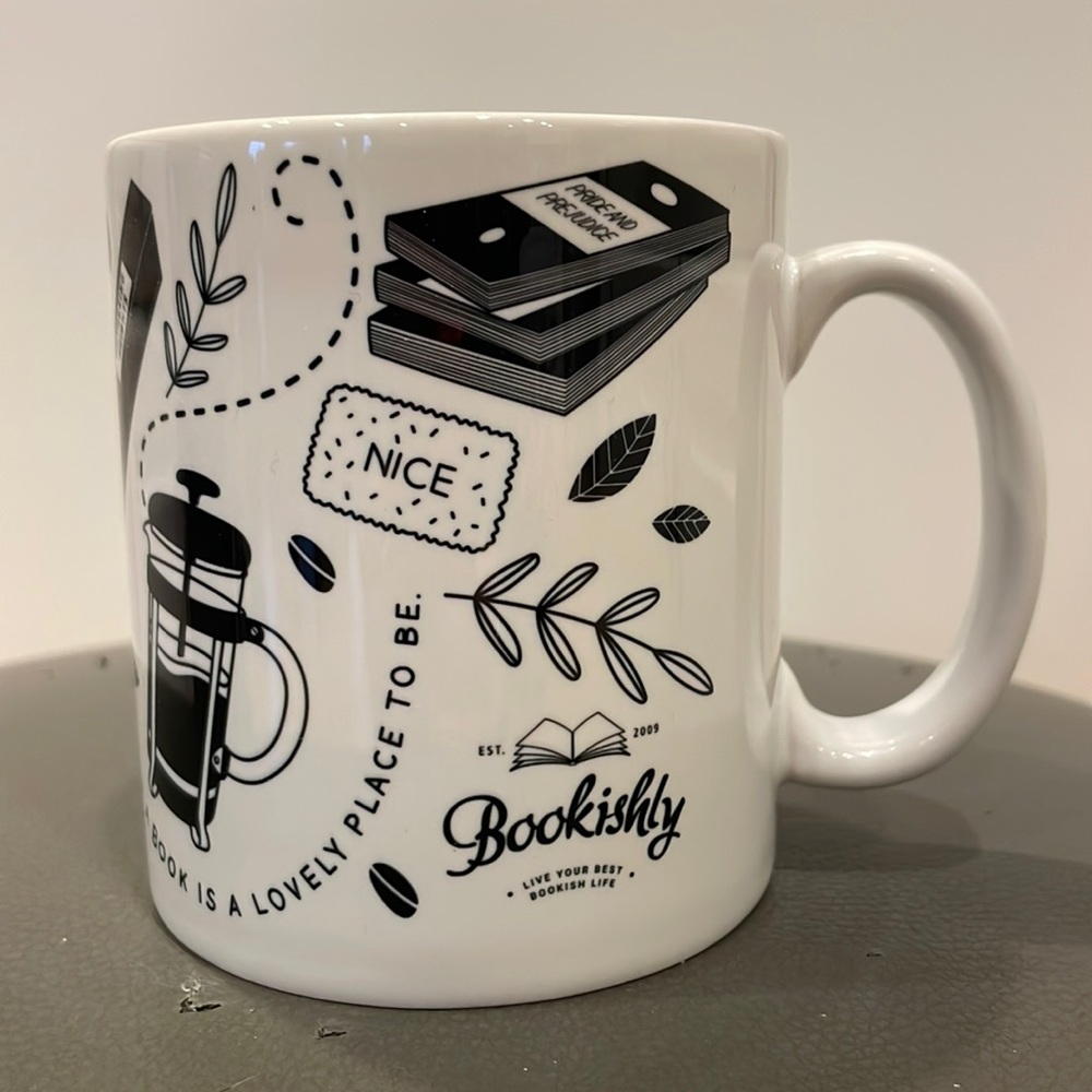 Bookishly Coffee Mug White with Sketches of Tea, Coffee, Books, Crackers in Blk